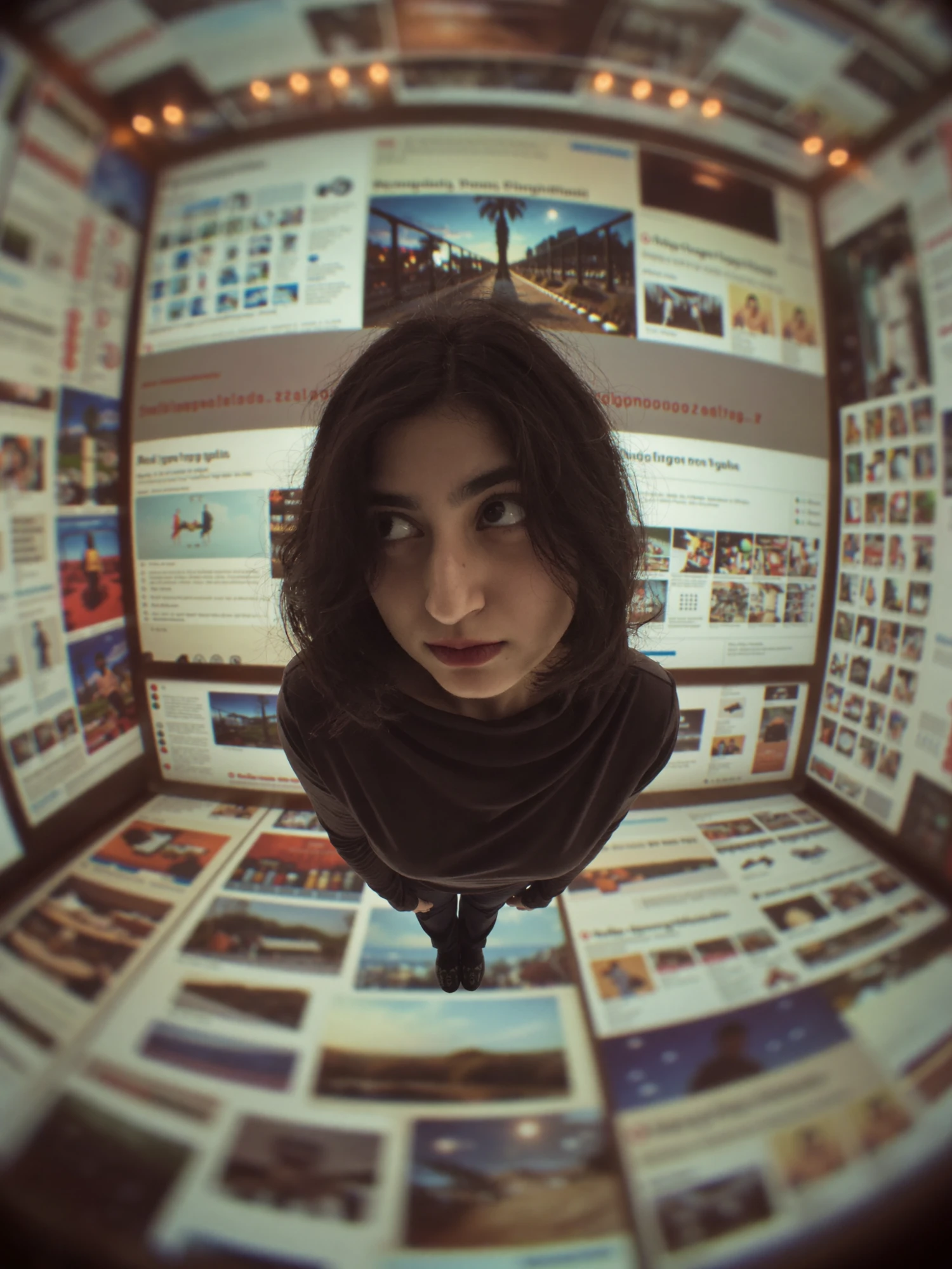 Fisheye view of a person surrounded by walls of pinned research and layouts