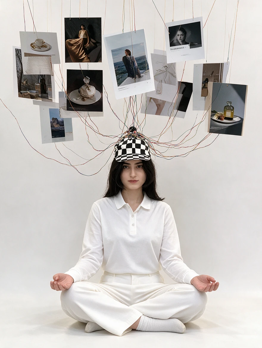 Person seated calmly beneath campaign images suspended on coloured threads