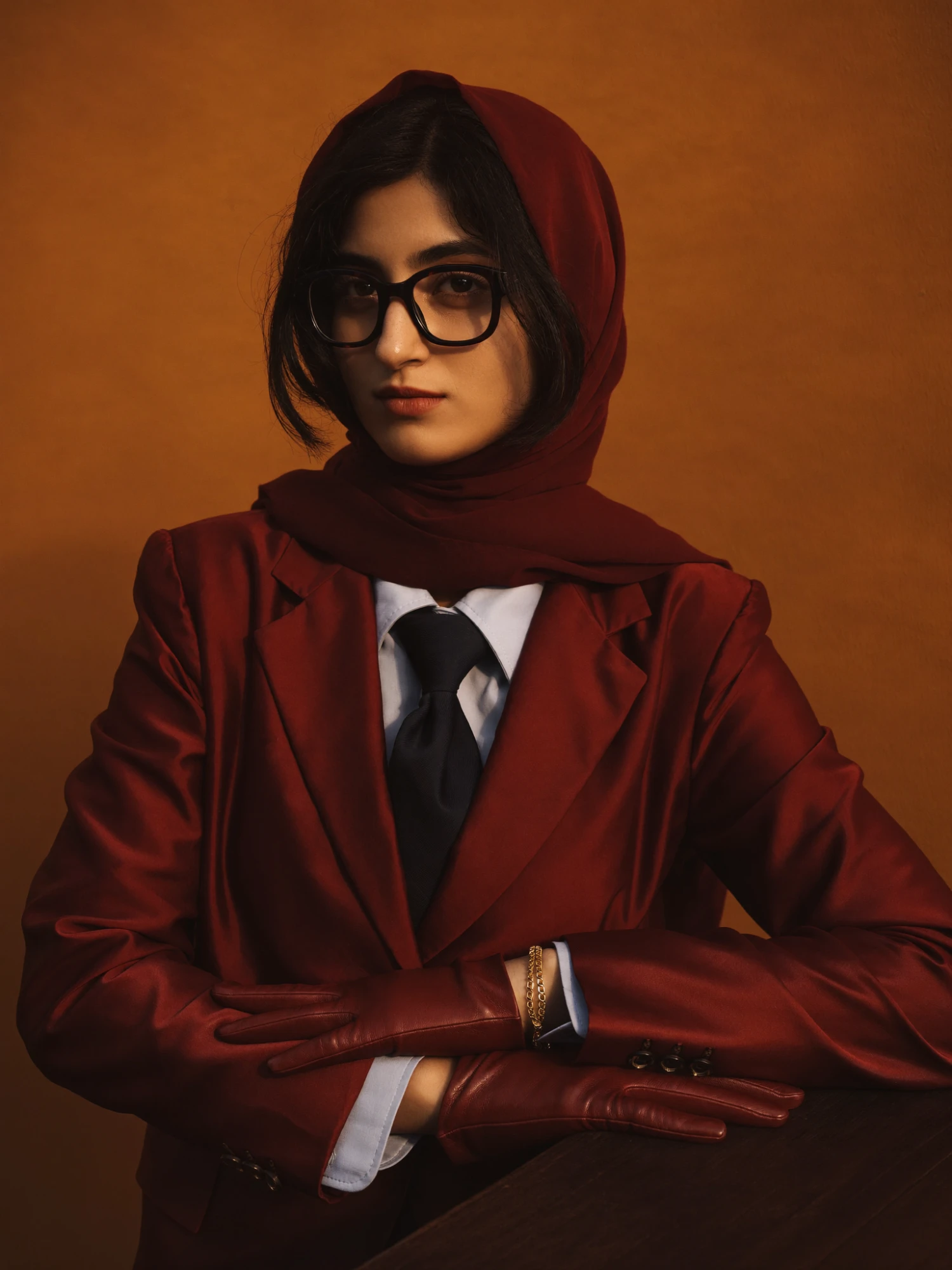 Nameera Anjum in a red suit and headscarf