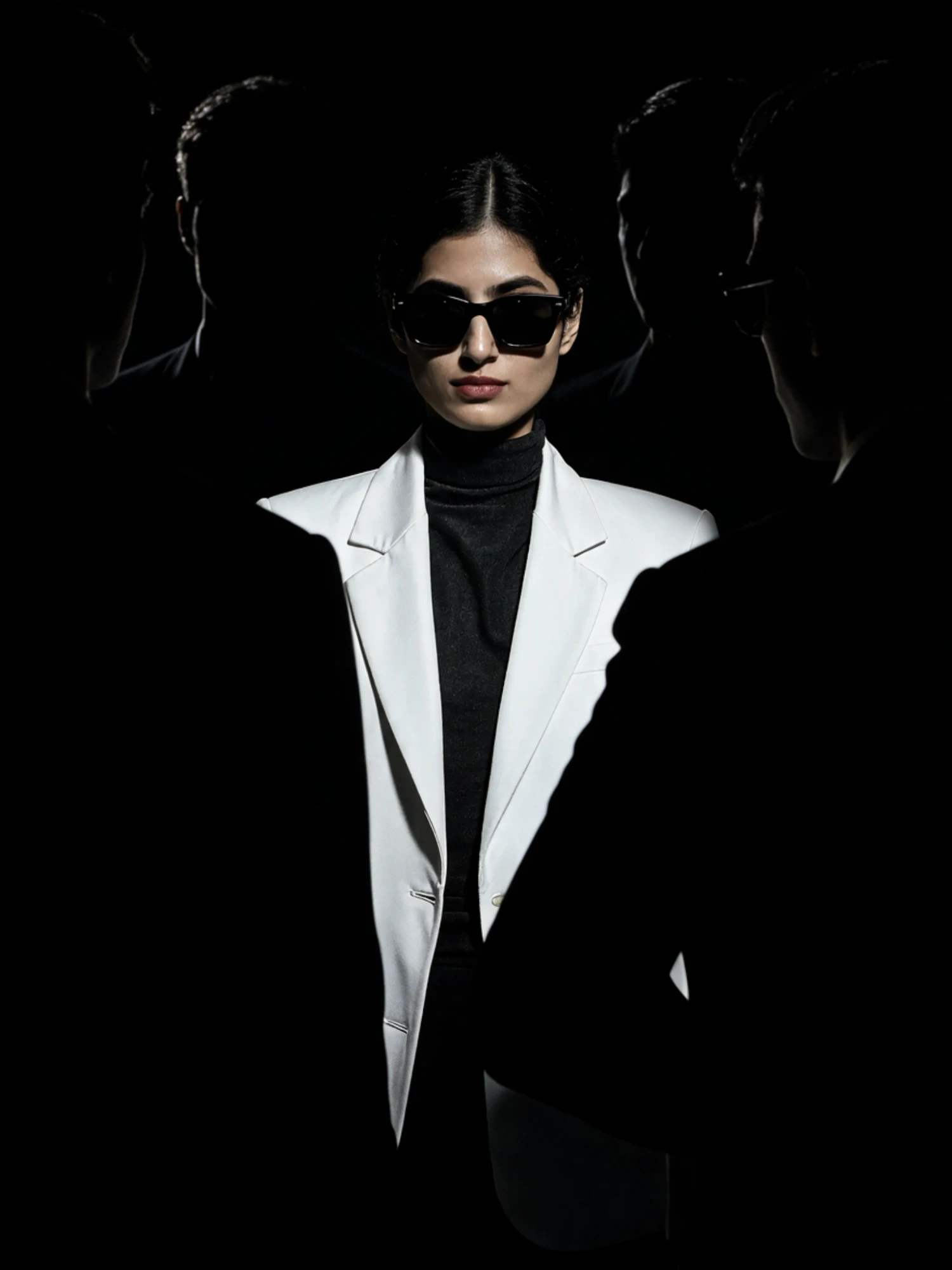 Figure in a white blazer lit against figures in black, facing the camera